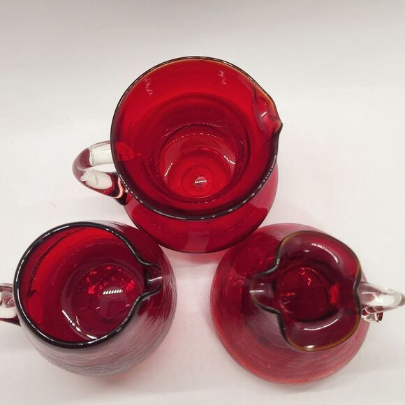 Pilgrim & Rainbow Glass Mini Pitcher Syrup Vase Set of 3 Ruby Red Crackle VTG - Picture 4 of 11